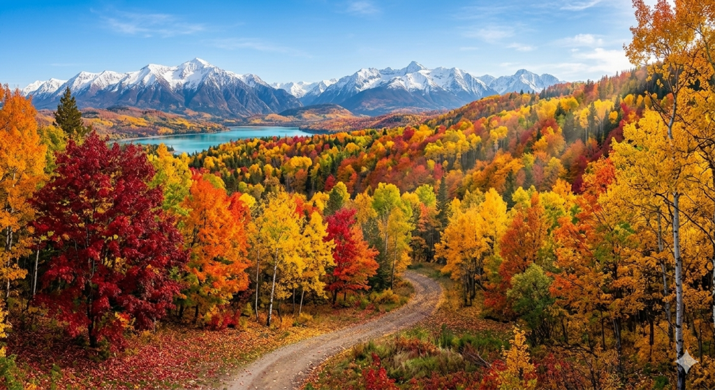 Winding dirt road through colorful autumn trees with snow-capped mountains and a blue lake in the background.