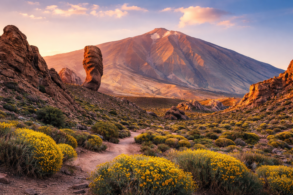 Volcanic mountain with unique rock formations and yellow flowering bushes under a colorful sunset sky.