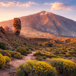 Volcanic mountain with unique rock formations and yellow flowering bushes under a colorful sunset sky.