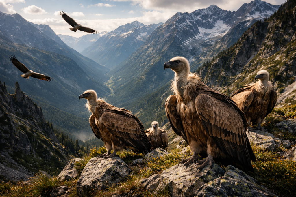 Several vultures perched on rocky terrain with snow-capped mountains and two vultures flying above.