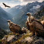 Several vultures perched on rocky terrain with snow-capped mountains and two vultures flying above.