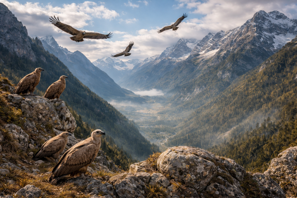Group of vultures perched on rocky cliffs with flying vultures and snow-capped mountains in the background