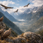 Group of vultures perched on rocky cliffs with flying vultures and snow-capped mountains in the background