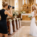 Photographer in black dress photographing bride in white gown holding bouquet inside a church