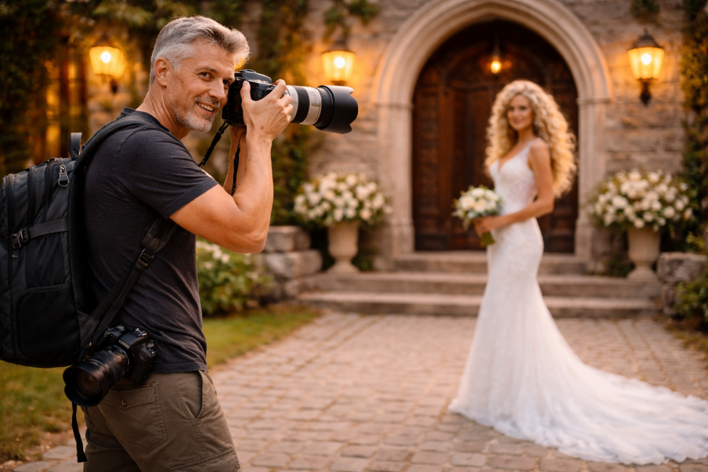 Photographer captures bride in white gown outside stone building with arched doorway.