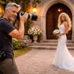 Photographer captures bride in white gown outside stone building with arched doorway.