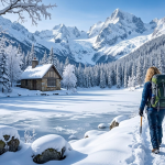 Winter hiker walks on snow-covered trail toward a stone cabin by a frozen lake surrounded by snowy trees and mountains.