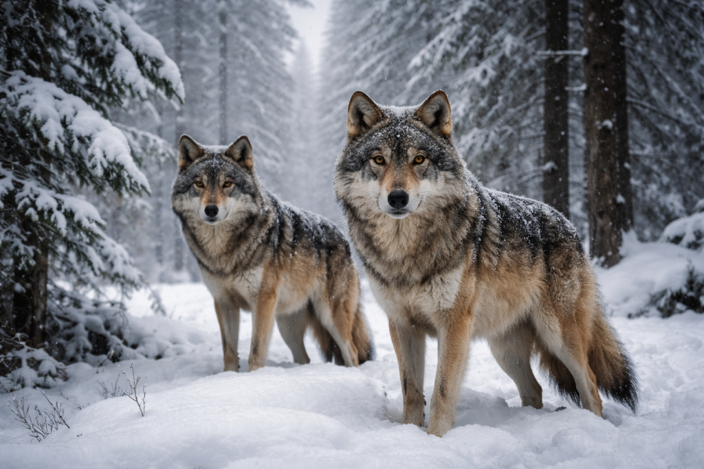 Two wolves standing in a snowy forest with snow-covered trees in the background.