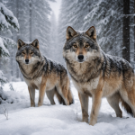 Two wolves standing in a snowy forest with snow-covered trees in the background.