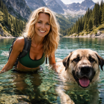 Smiling woman and large dog standing in clear mountain lake water surrounded by trees and mountains.