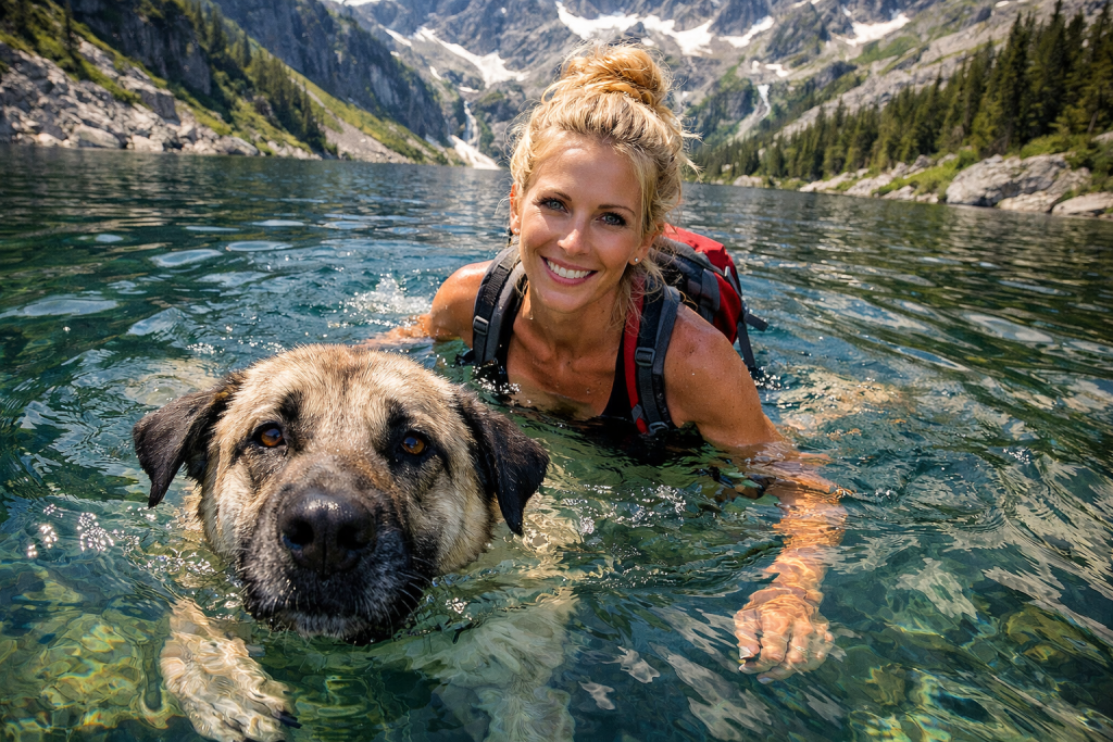 Smiling woman and large dog swimming together in a clear mountain lake.