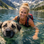 Smiling woman and large dog swimming together in a clear mountain lake.
