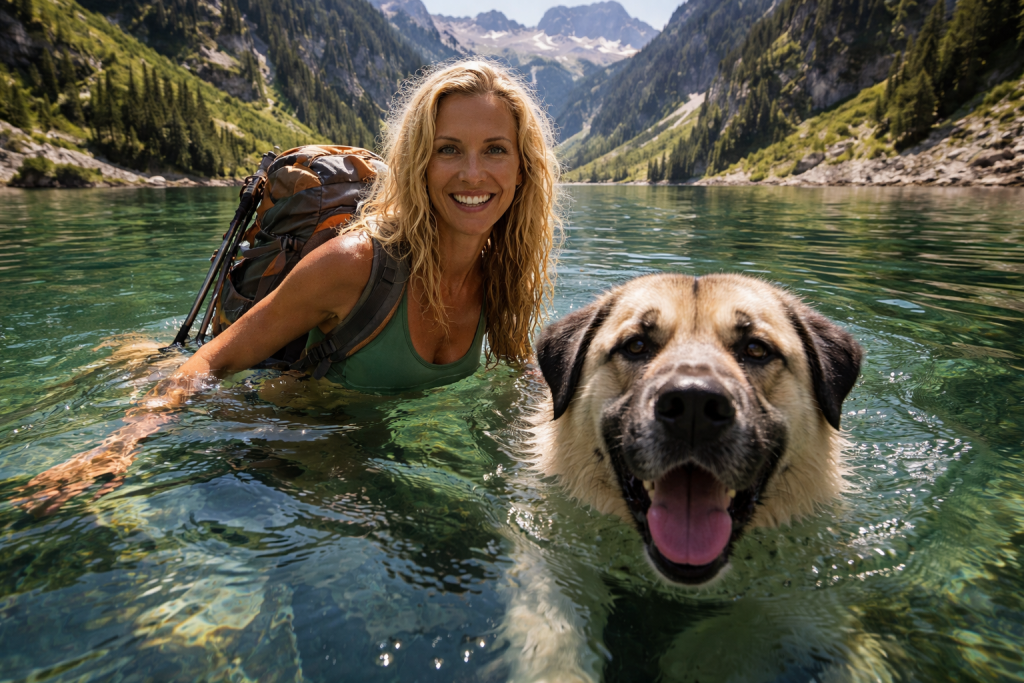Smiling woman and large dog swimming together in clear mountain lake water