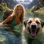 Smiling woman and large dog swimming together in clear mountain lake water