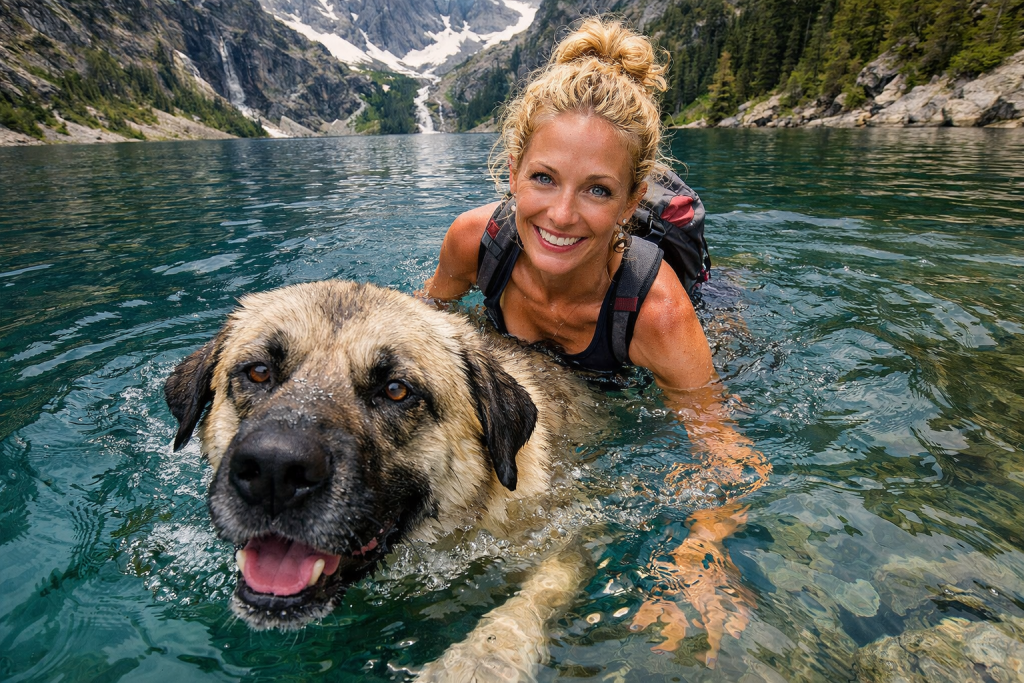 A smiling woman and large dog swimming together in a clear mountain lake