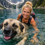 A smiling woman and large dog swimming together in a clear mountain lake