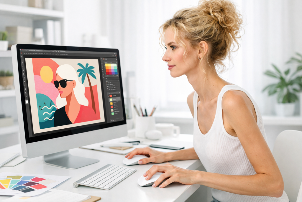 Blonde woman working on digital illustration on a desktop computer