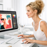 Blonde woman working on digital illustration on a desktop computer