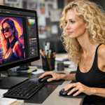 Blonde woman working on colorful digital portrait on computer in creative office.
