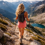 A woman with blonde hair hiking on a rocky mountain trail overlooking lakes and valleys.