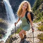 Smiling woman with hiking poles standing on rocky terrain near a large waterfall