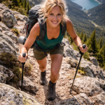 Smiling woman with backpack using hiking poles on a rocky mountain trail