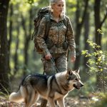 Woman in camouflage walking a large dog on a forest trail