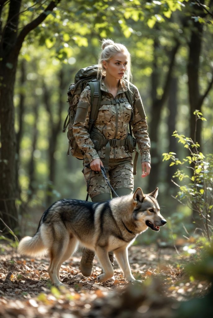Woman in camouflage walking a large dog on a forest trail