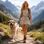 Smiling woman walking a large dog on a mountainous trail surrounded by trees and wildflowers.
