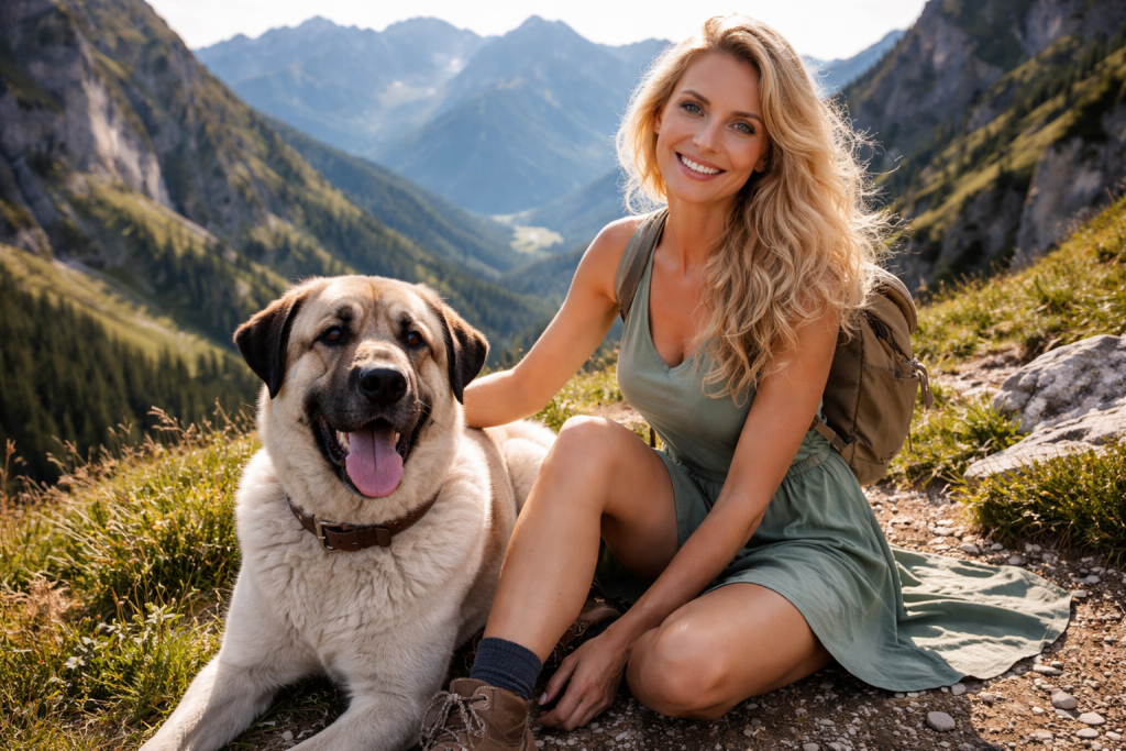 Smiling woman sitting on mountain trail with large dog beside her