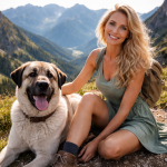 Smiling woman sitting on mountain trail with large dog beside her