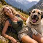 Smiling woman lying on grassy slope with her large dog in a mountainous landscape