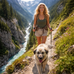 A woman hiking on a mountain trail with a large dog, surrounded by pine trees and a flowing river.