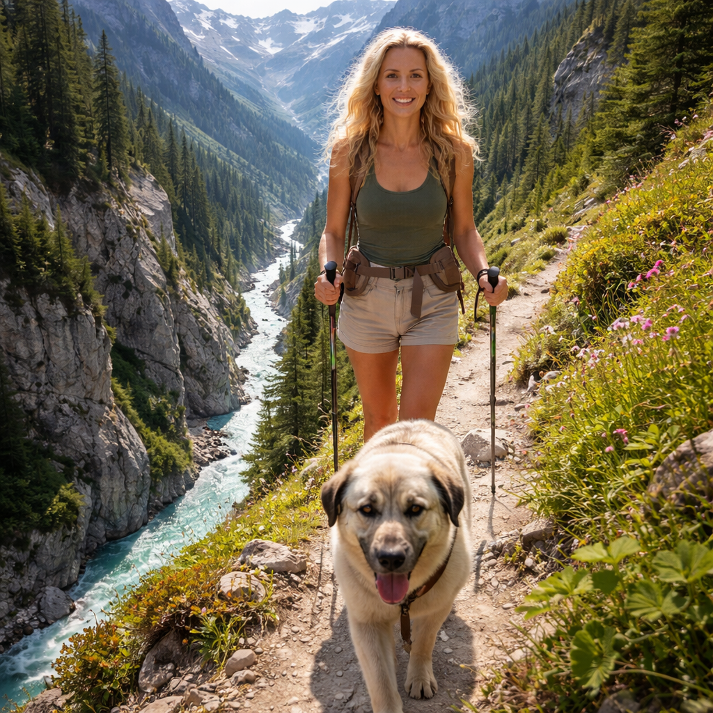 A woman hiking on a mountain trail with a large dog, surrounded by pine trees and a flowing river.
