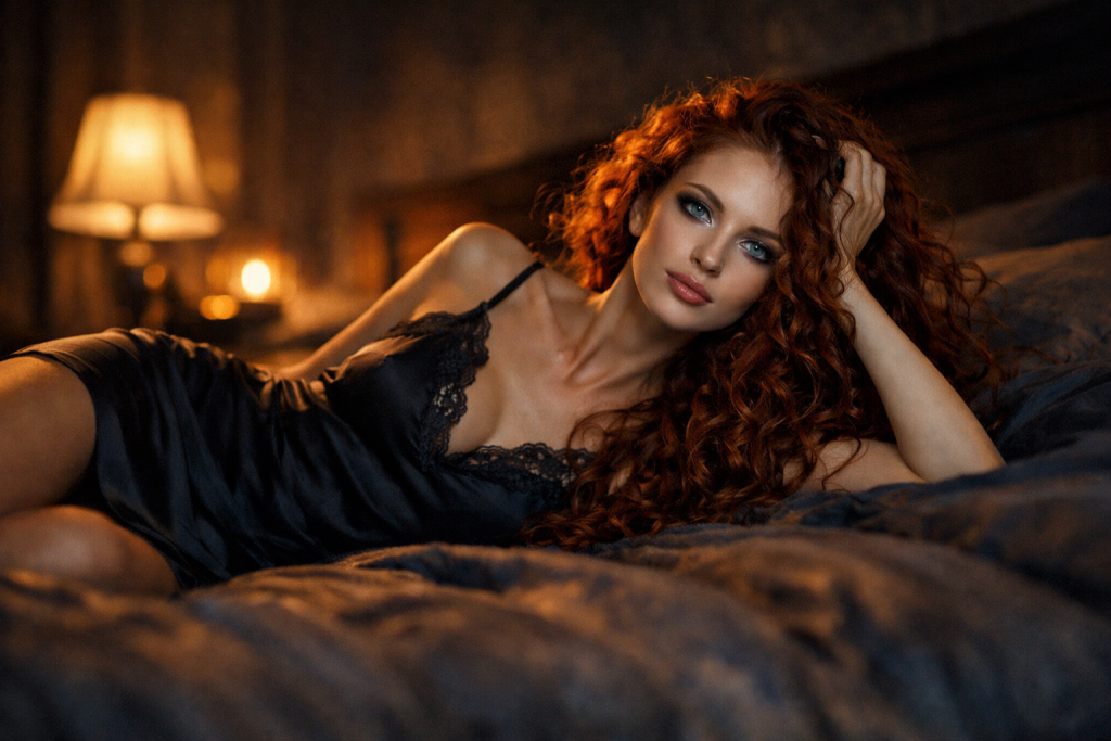 Red-haired woman lying on a bed wearing a black satin dress with a lamp glowing in the background.