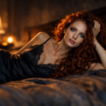 Red-haired woman lying on a bed wearing a black satin dress with a lamp glowing in the background.