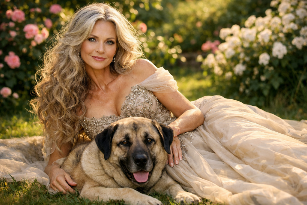 Blonde woman in a beige gown lies on grass beside a large dog with flowers in the background.