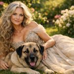 Blonde woman in a beige gown lies on grass beside a large dog with flowers in the background.