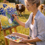 Blonde woman painting a floral artwork on an easel in a sunny meadow with cows in the background.