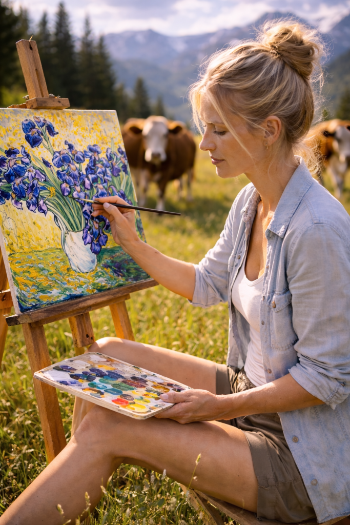 Blonde woman painting a floral artwork on an easel in a sunny meadow with cows in the background.