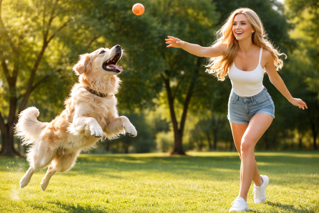 A woman throws a ball for a golden retriever jumping to catch it in a park.