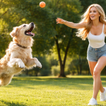A woman throws a ball for a golden retriever jumping to catch it in a park.