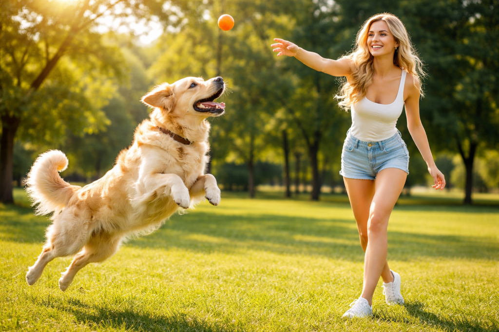 Young woman throws a ball while golden retriever jumps to catch it in sunny park