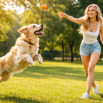 Young woman throws a ball while golden retriever jumps to catch it in sunny park