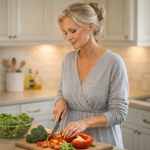A woman slicing vegetables at a kitchen counter with salad and broccoli nearby