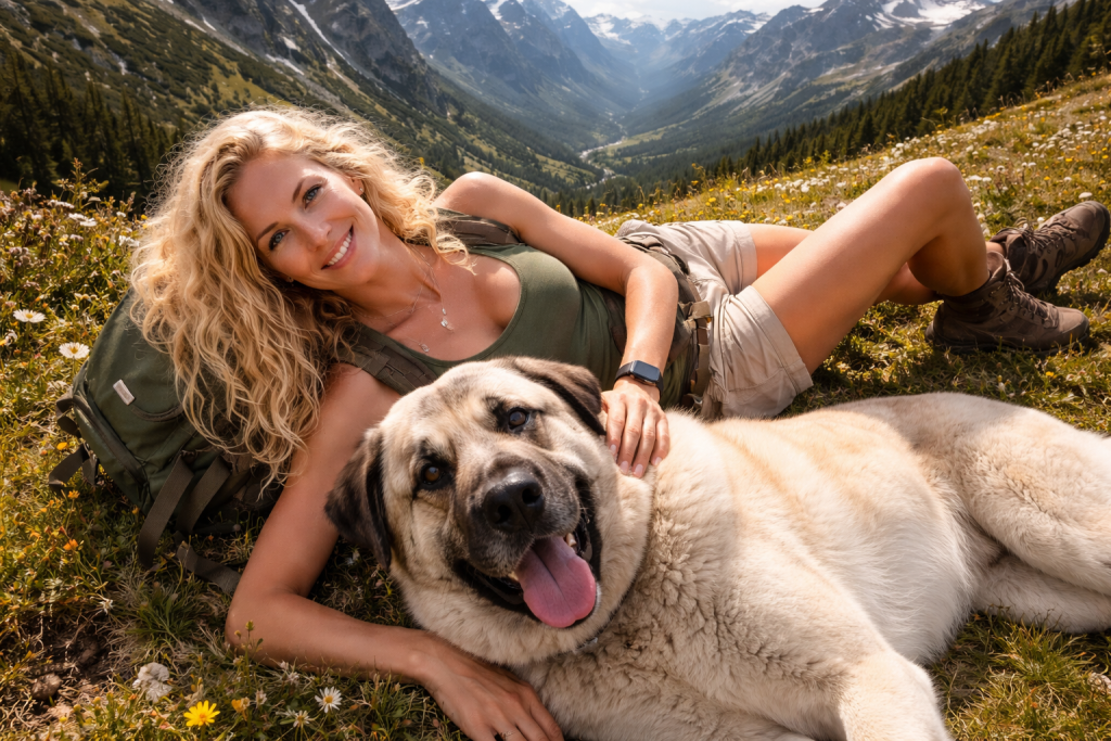 Woman lying on grass with large dog in a mountainous landscape filled with wildflowers.