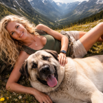 Woman lying on grass with large dog in a mountainous landscape filled with wildflowers.