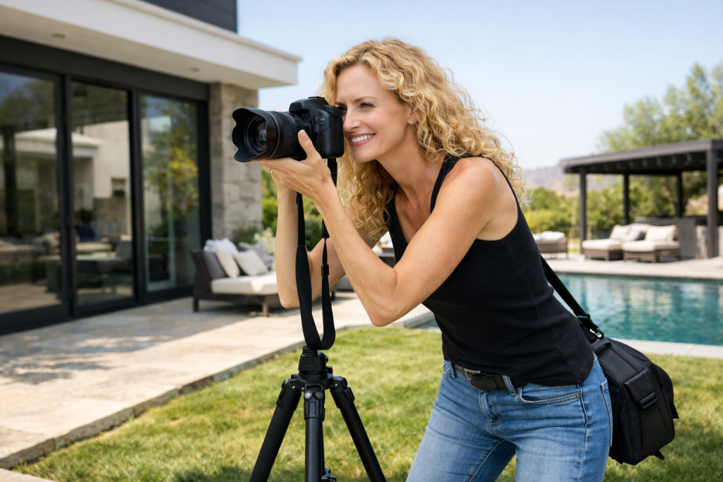 Smiling woman using a DSLR camera on a tripod in a backyard by a pool.