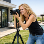 Smiling woman using a DSLR camera on a tripod in a backyard by a pool.