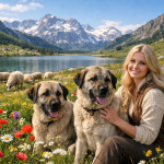 Smiling woman sitting with two large dogs in a colorful flower field near sheep and a mountain lake.